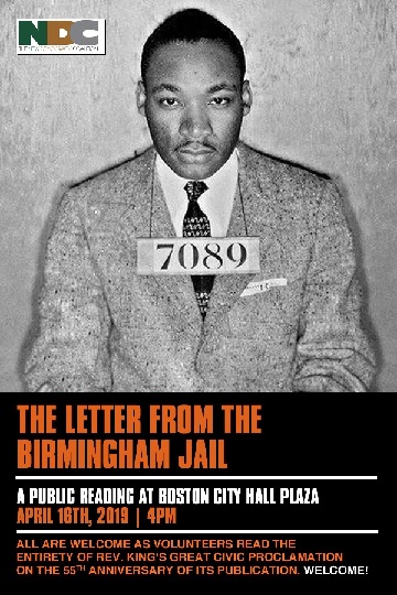 The Letter from the Birmingham Jail. A public reading at Boston City Hall Plaza. April 16th, 2019 4pm